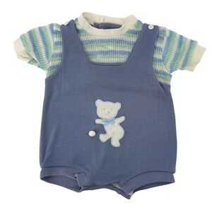 Vintage Baby Bliss Blue Knit Teddy Bear Romper Striped Short Sleeve Medium